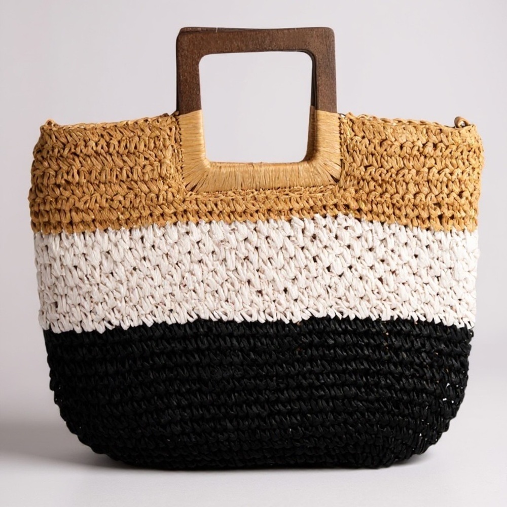 MODWOVEN TRIO COLOR HANDMADE STRAW BRAIDED BAG BLACK, LIGHT YELLOW AND CREAM